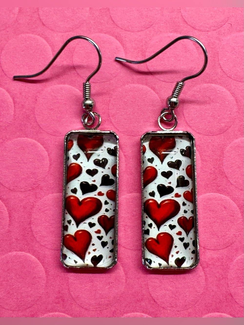 New Whimsical Red Heart Rectangular Cabochon Dangle Earrings - 1.75”